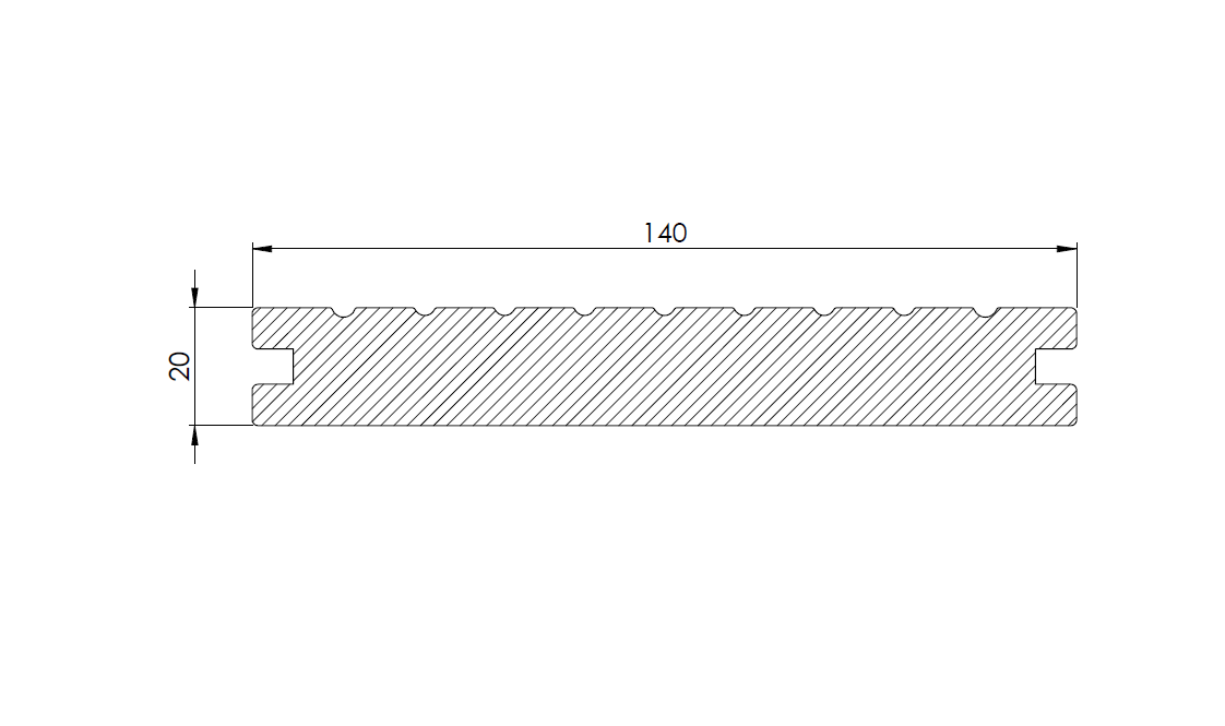 Savadeck Classic Plus decking – secțiune transversală a profilului cu dimensiunile 140 x 20 mm