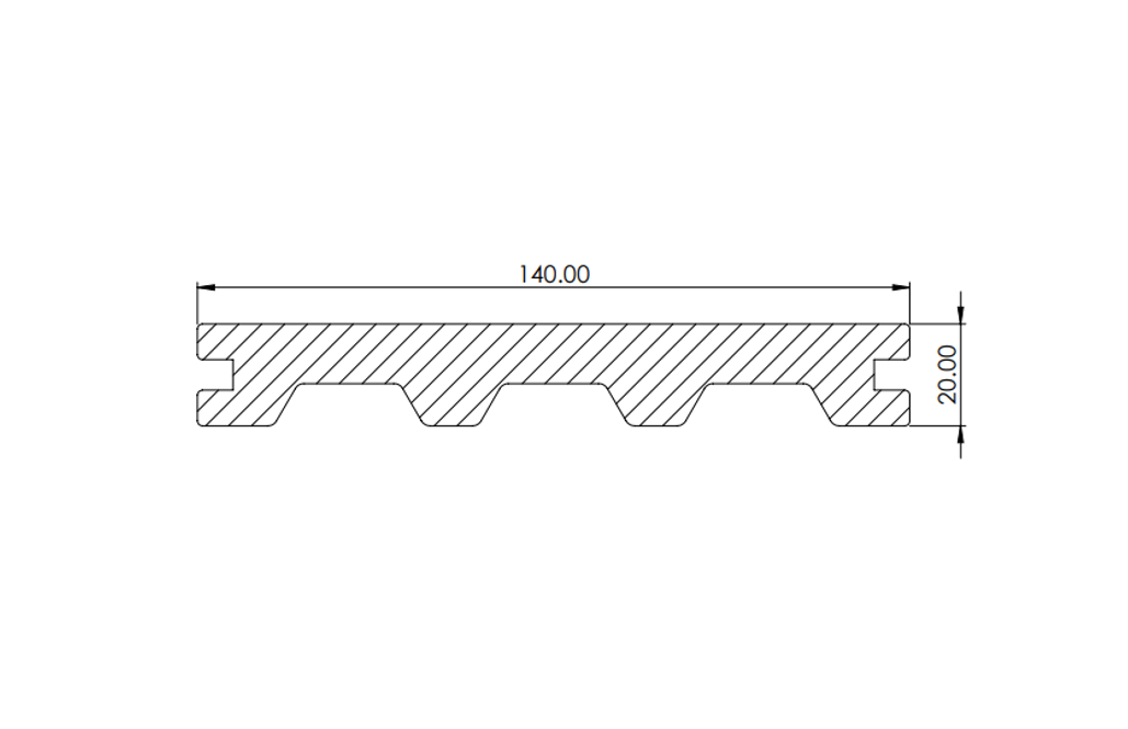 Savadeck Natur decking – secțiune transversală a profilului cu dimensiunile 140 x 20 mm